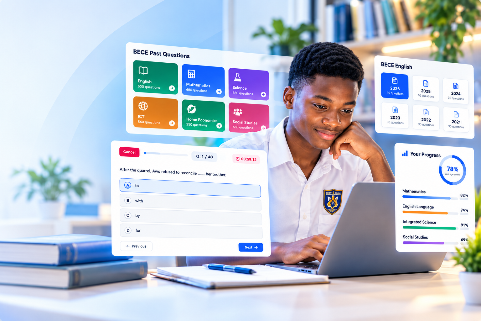 Student practising BECE and WASSCE questions on ExamsPractice